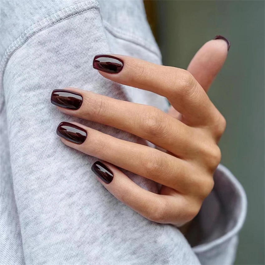 UÑAS PRESS-ON CUADRADAS LARGAS 24PCS UNICOLOR CHOCOLATE OSCURO POSTIZAS REUTILIZABLES - 5