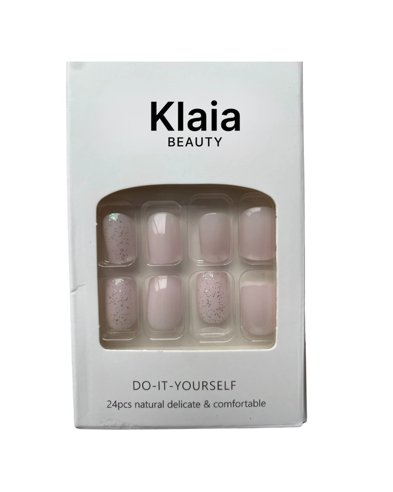 GENÉRICO UÑAS POSTIZAS PRESS-ON CORTAS SEMI CUADRADRA 24PCS ADHESIVAS DISEÑO ROSA CLARO CON BRILLOS