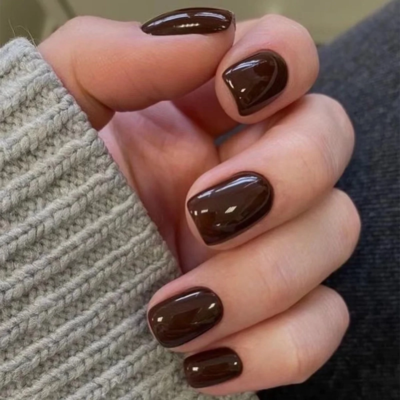 UÑAS PRESS-ON ADHESIVAS LARGO MEDIO REDONDEADA 24PCS POSTIZAS REUTILIZABLE MARRON OSCURO - 4