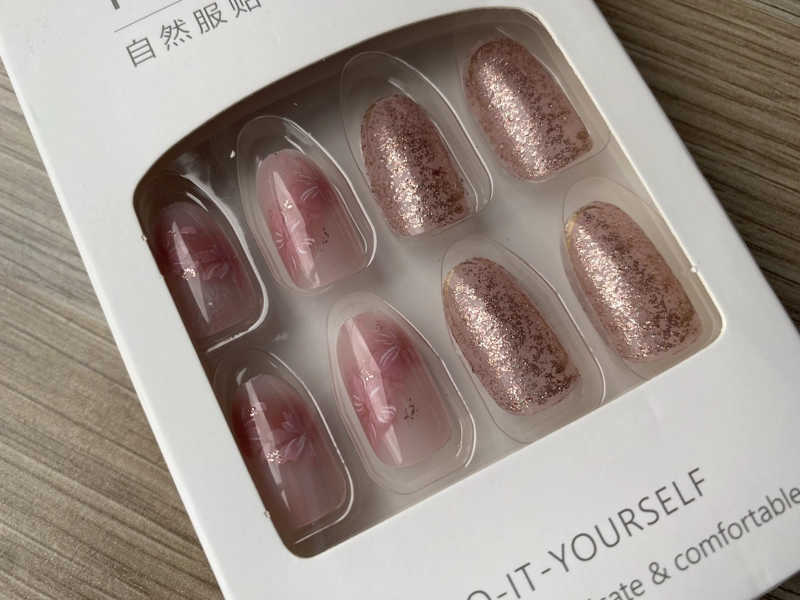 GENÉRICO UÑAS POSTIZAS PRESS-ON FORMA DE ALMENDRA LARGAS  24PCS CON DISEÑO DE FLORES ROSA