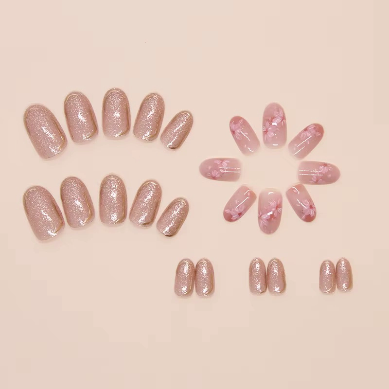 UÑAS POSTIZAS PRESS-ON FORMA DE ALMENDRA LARGAS  24PCS CON DISEÑO DE FLORES ROSA - 3