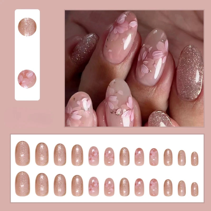 UÑAS POSTIZAS PRESS-ON FORMA DE ALMENDRA LARGAS  24PCS CON DISEÑO DE FLORES ROSA - 5