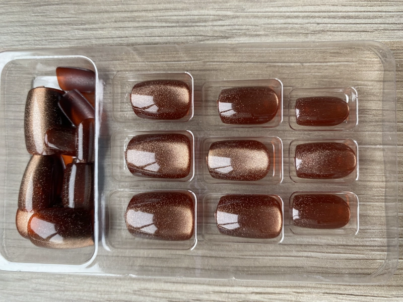 UÑAS POSTIZAS PRESS ON ADHESIVAS OJO DE GATO 24PCS MARRON CUADRADAS LARGO MEDIO - 4