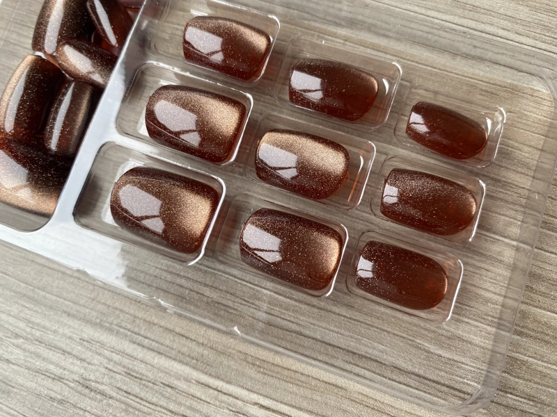 UÑAS POSTIZAS PRESS ON ADHESIVAS OJO DE GATO 24PCS MARRON CUADRADAS LARGO MEDIO - 5