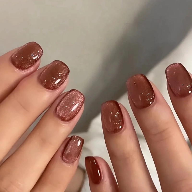 UÑAS POSTIZAS PRESS ON ADHESIVAS OJO DE GATO 24PCS MARRON CUADRADAS LARGO MEDIO - 6