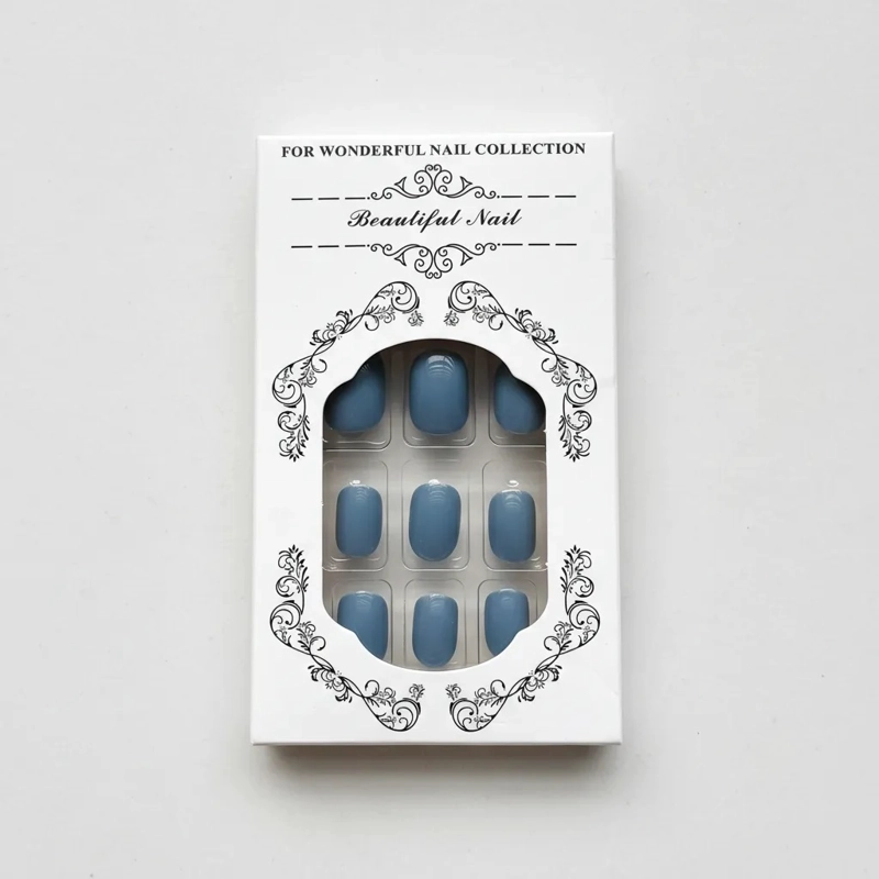 UÑAS POSTIZAS PRESS ON CORTAS/MEDIO 24PCS SEMI OVALADAS VERANO AZUL ACERO - 1