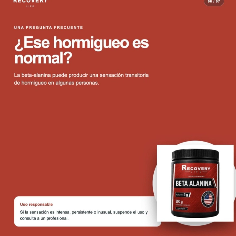 100% AMERICANA BETA ALANINA CARNOSYN ALTA CALIDAD RECOVERY LIFE 300 G SIN SABOR - 6