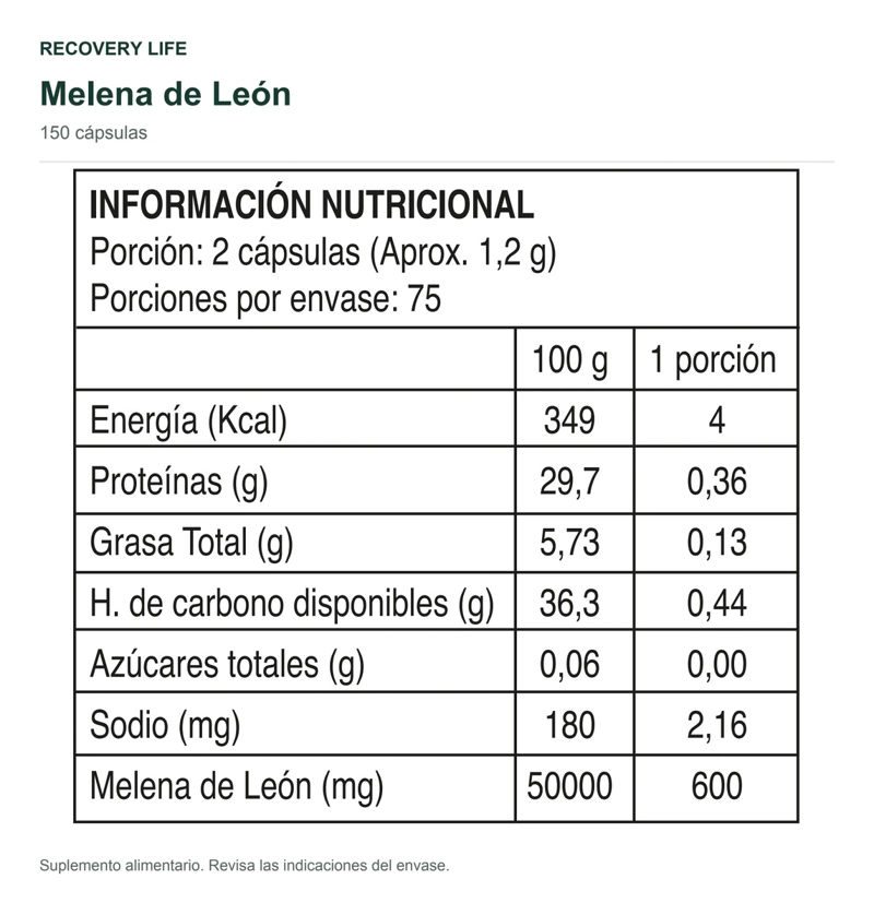 Melena De León Recovery Life 150 Cápsulas 600 Mg Por Porción - 6