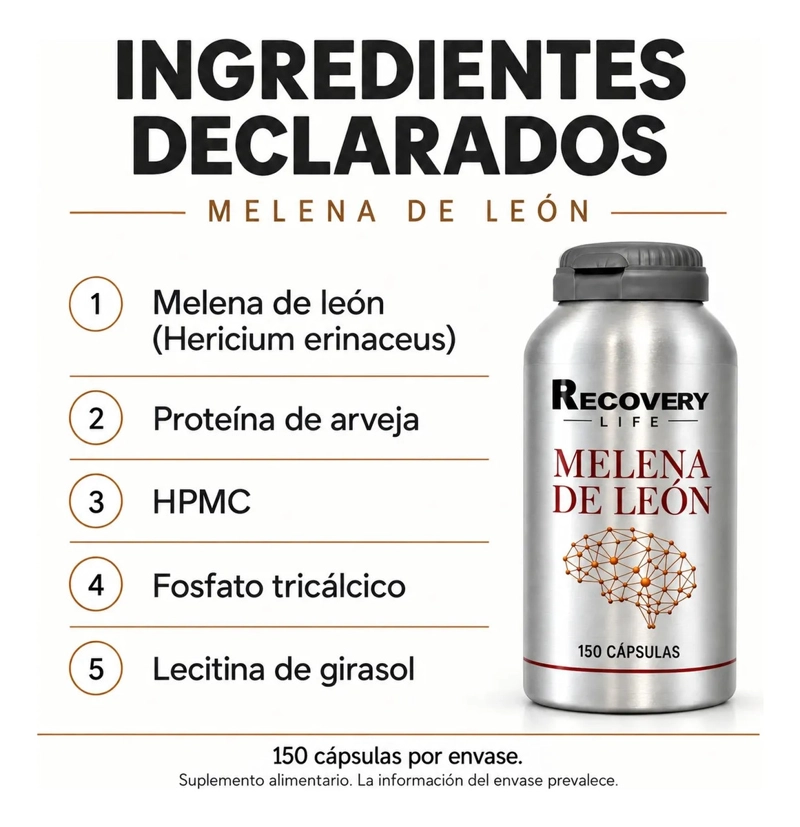 Melena De León Recovery Life 150 Cápsulas 600 Mg Por Porción - 8