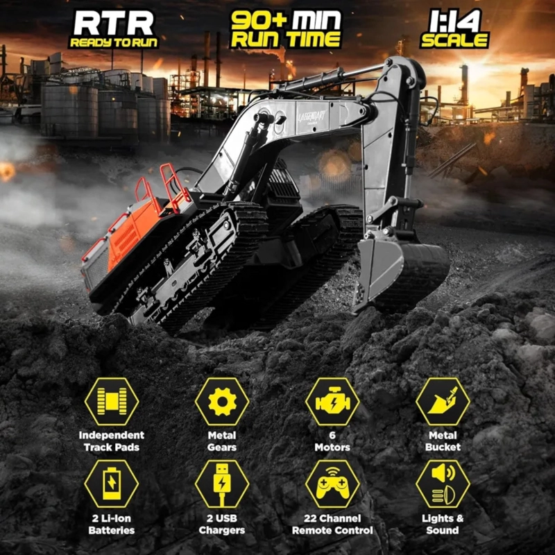 LAEGENDARY DIGGER EXCAVADORA RC 1:14 GRANDE, REALISTA NEGRO-ROJO - 5