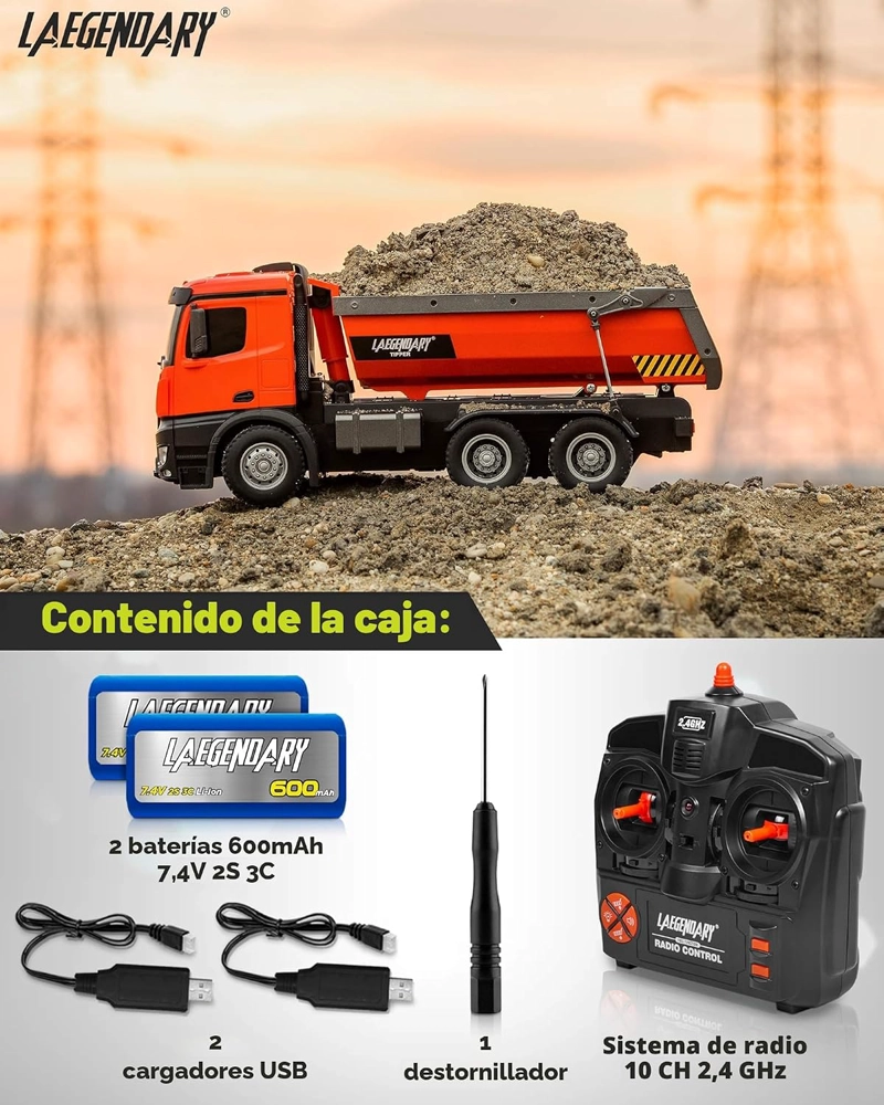 LAEGENDARY TIPPER CAMION VOLQUETE 4X4 RC GRANDE REALISTA 1:14 NARANJA - 3