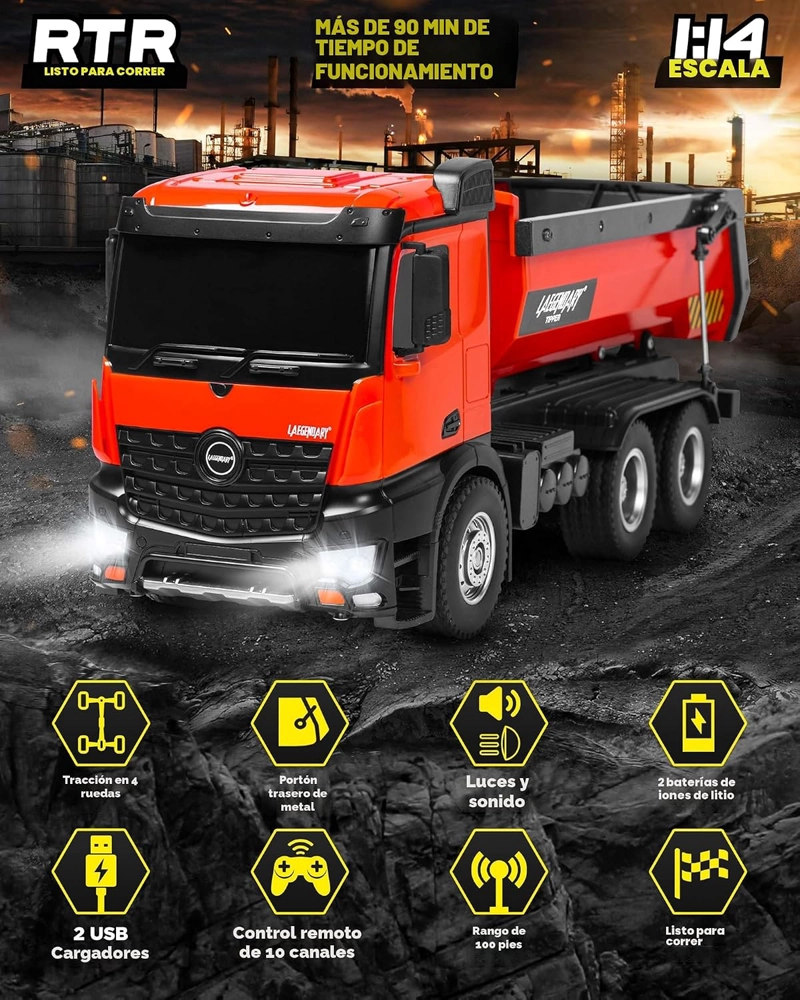 LAEGENDARY TIPPER CAMION VOLQUETE 4X4 RC GRANDE REALISTA 1:14 NARANJA - 5