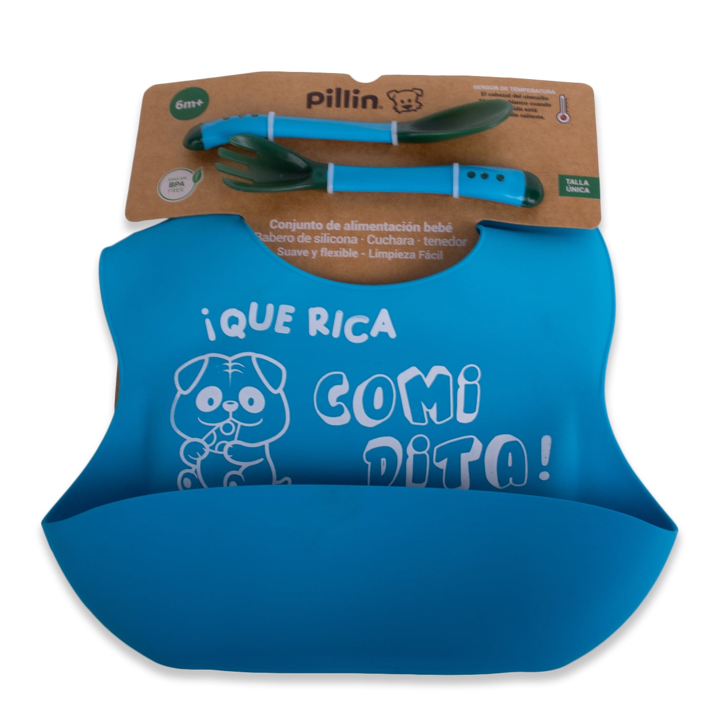 SET BABERO Y CUBIERTOS BEBÉ NIÑO AZUL PILLIN - 1