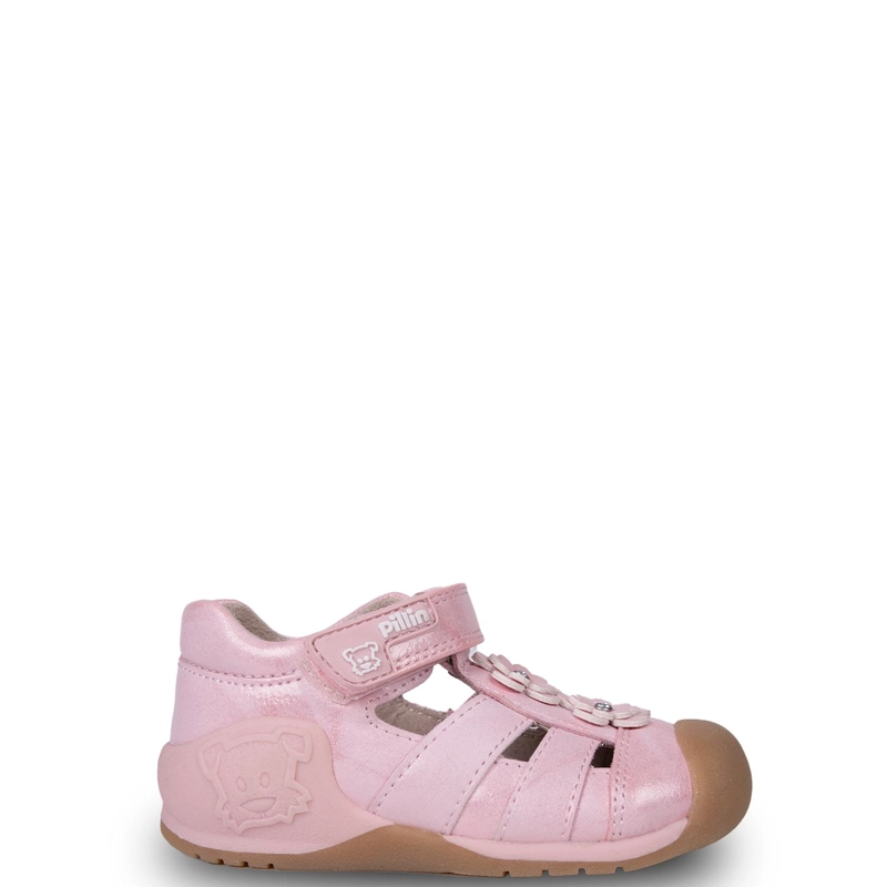 SANDALIA BEBE  NIÑA PASOS CERRADA CON FLORES ROSADO PILLIN - 1