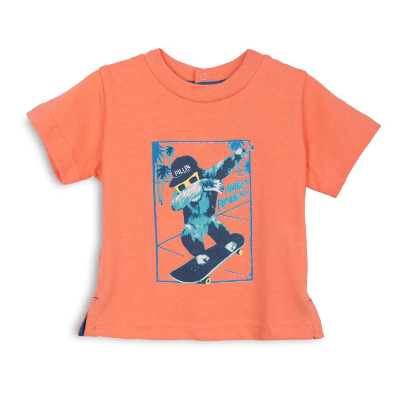 POLERA BEBE  NIÑO MANGA CORTA ESTAMPADO MONO SKATER NARANJO PILLIN - 1
