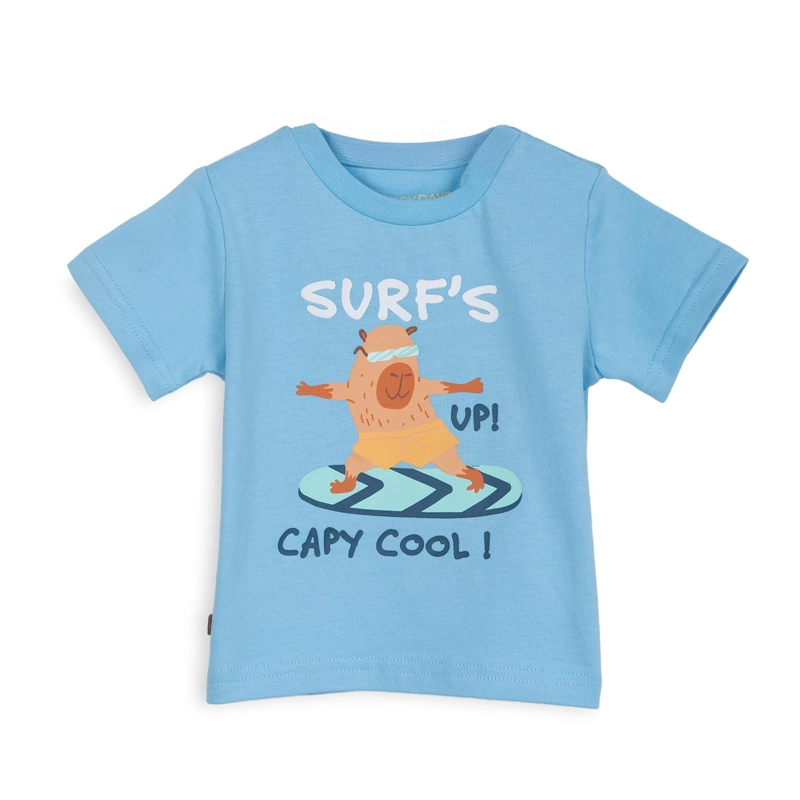 POLERA BEBE  NIÑO MANGA CORTA ESTAMPADO CAPIBARA SURF CELESTE PILLIN - 1