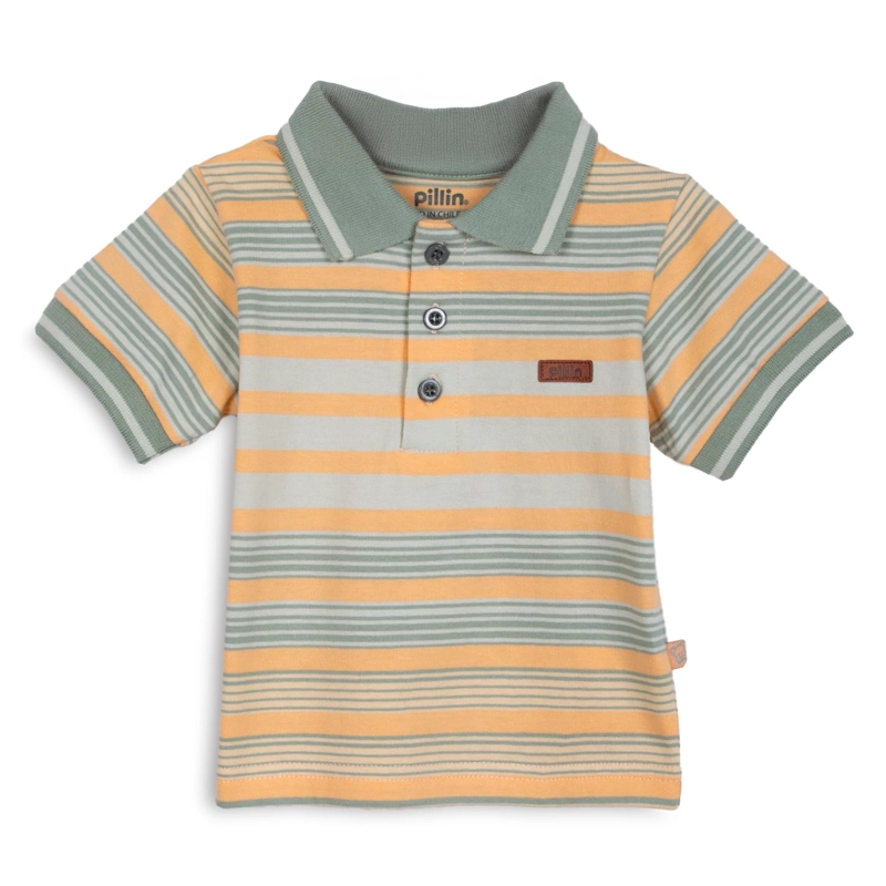 POLERA BEBE  NIÑO MANGA CORTA RAYAS CON CUELLO PIQUE  NARANJO PILLIN - 1