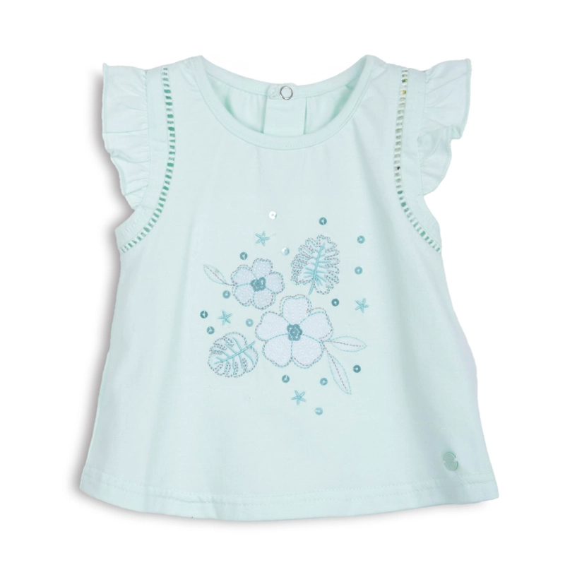 POLERA BEBE  NIÑA MANGA CORTA CON VUELOS FLORAL AQUA PILLIN - 1