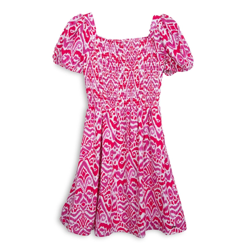 VESTIDO NIÑA MANGA GLOBO ELASTICADO ROSADO OSCURO PILLIN - 1