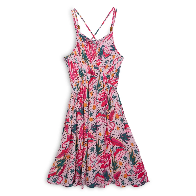 VESTIDO NIÑA SIN MANGAS ESTAMPADO TROPICAL ROSADO PILLIN - 1