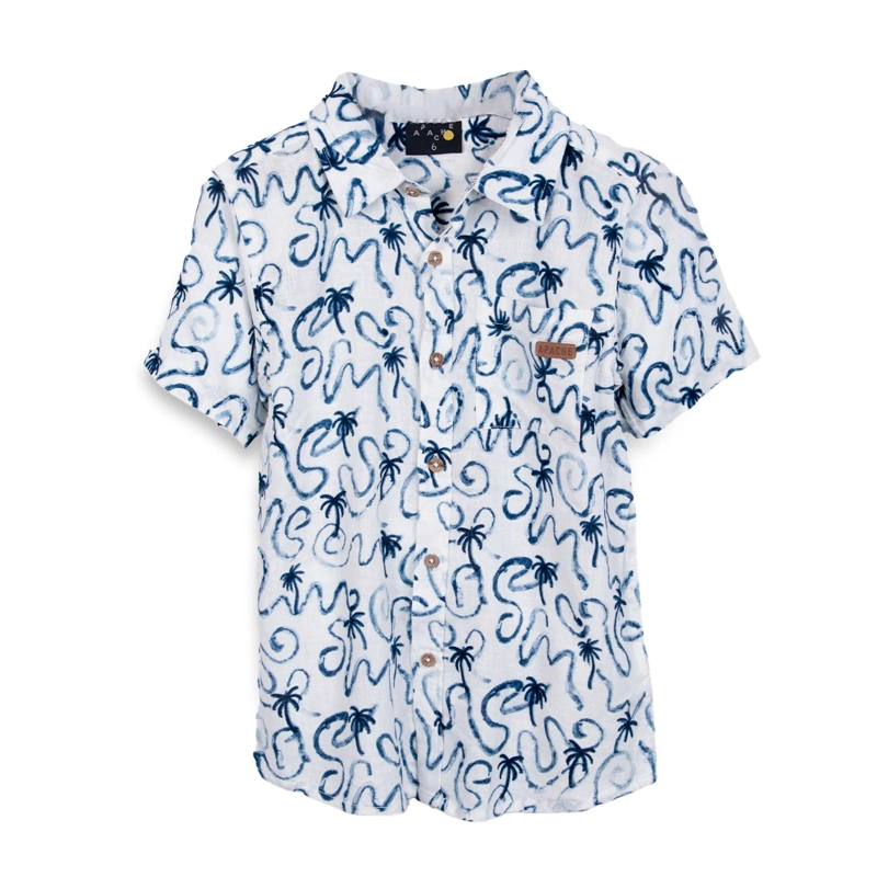 CAMISA NIÑO LINO MANGA CORTA ESTAMPADO PALMERAS AZUL PILLIN - 1