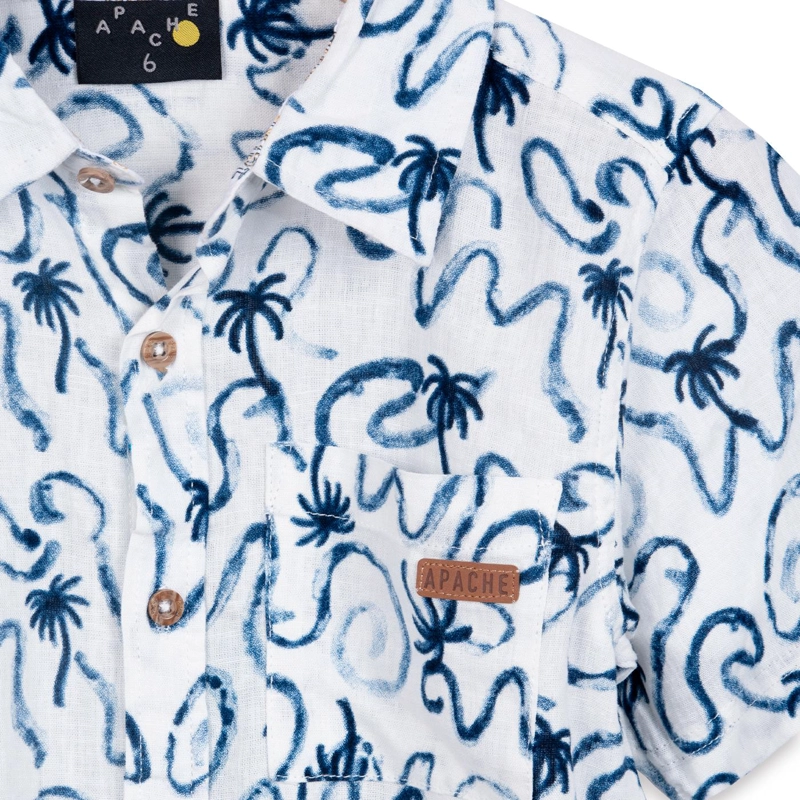 CAMISA NIÑO LINO MANGA CORTA ESTAMPADO PALMERAS AZUL PILLIN - 3
