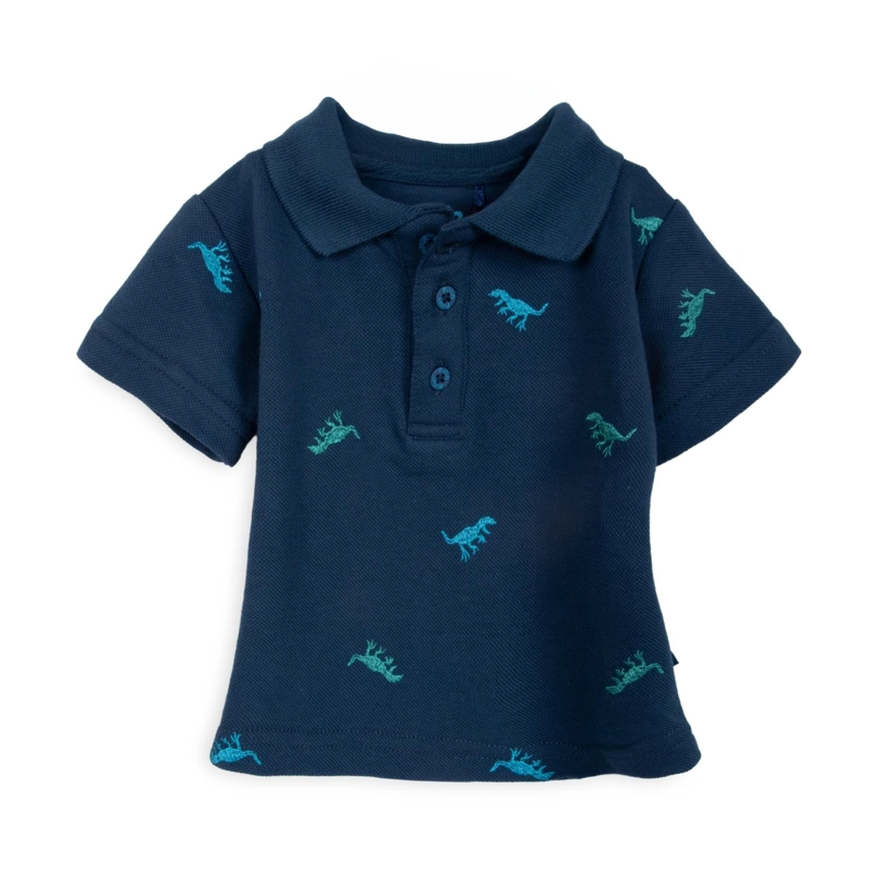 POLERA BEBE NIÑO CUELLO PIQUE BORDADO DINO AZUL MARINO PILLIN - 1
