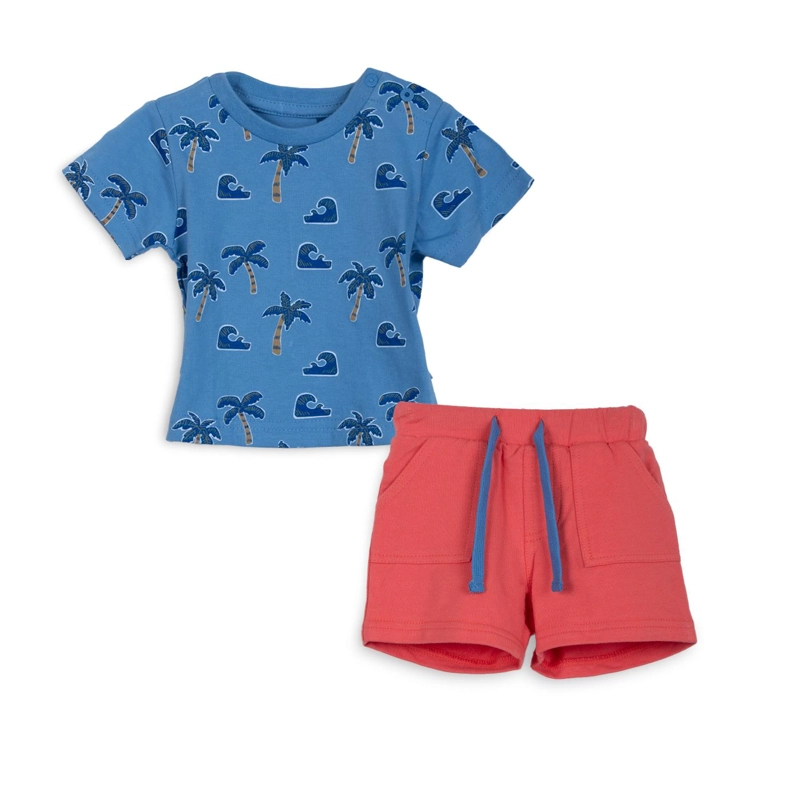 CONJUNTO BEBE NIÑO BOTONES CINTURA ELASTICADA TROPICAL AZUL PILLIN - 1