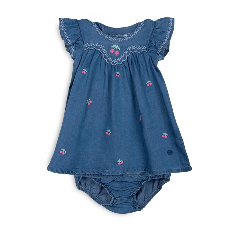 VESTIDO BEBE NIÑA BORDADO CEREZAS AZUL PILLIN - 1