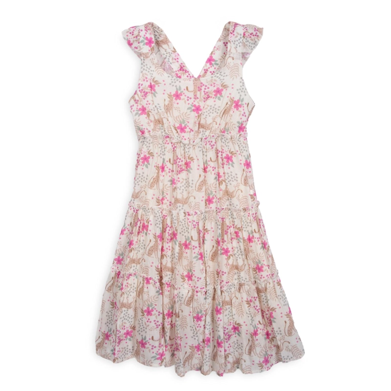 VESTIDO NIÑA ELASTICADO ESTAMPADO TROPICAL CRUDO PILLIN - 1