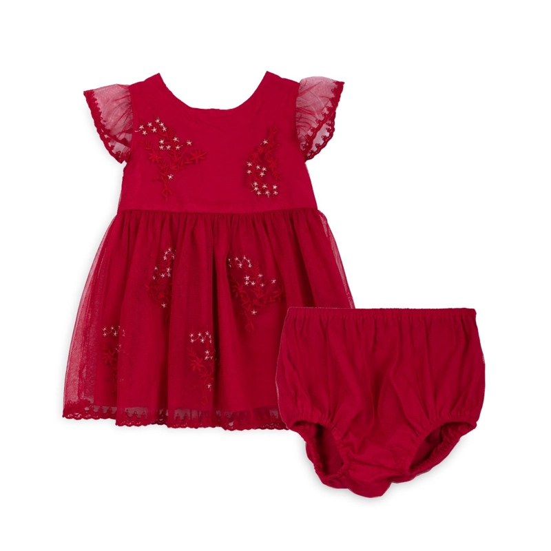 VESTIDO BEBE NIÑATUL BORDADO BRILLOS ROJO PILLIN - 1