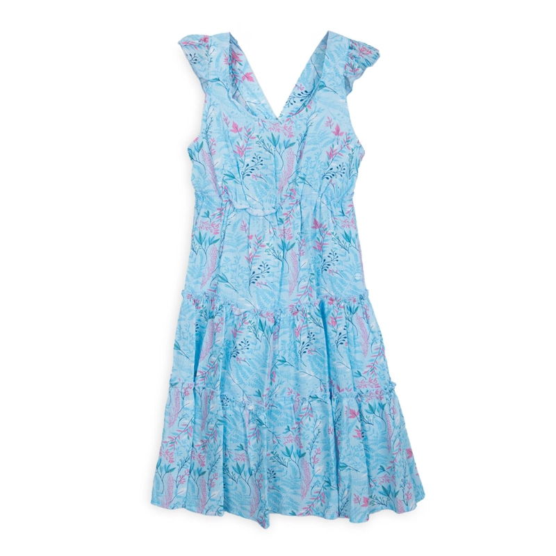 VESTIDO NIÑA ELASTICADO ESTAMPADO TROPICAL CELESTE PILLIN - 1