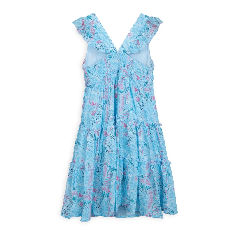 VESTIDO NIÑA ELASTICADO ESTAMPADO TROPICAL CELESTE PILLIN - 2
