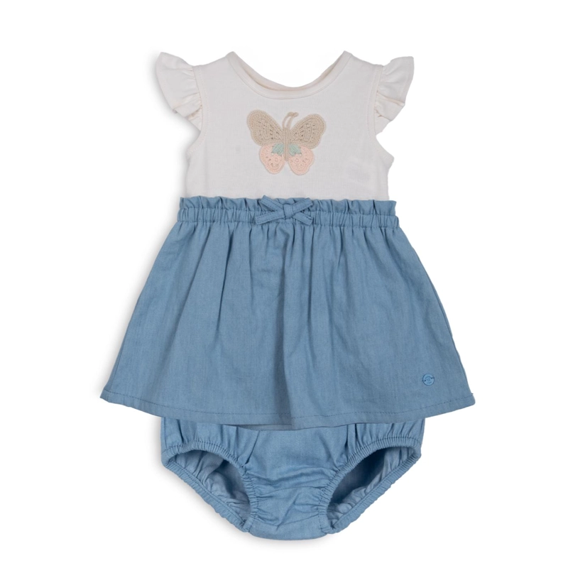 VESTIDO BEBE NIÑA DENIM MARIPOSA CINTURA ELASTICADA LAVANDA PILLIN - 1