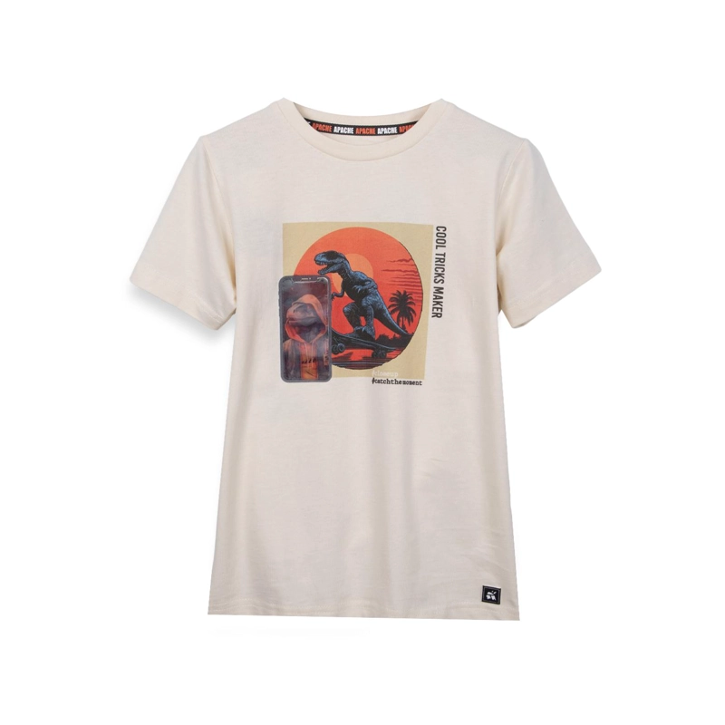 POLERA NIÑO MANGA CORTA ESTAMPADO DINO SKATE BEIGE PILLIN - 1