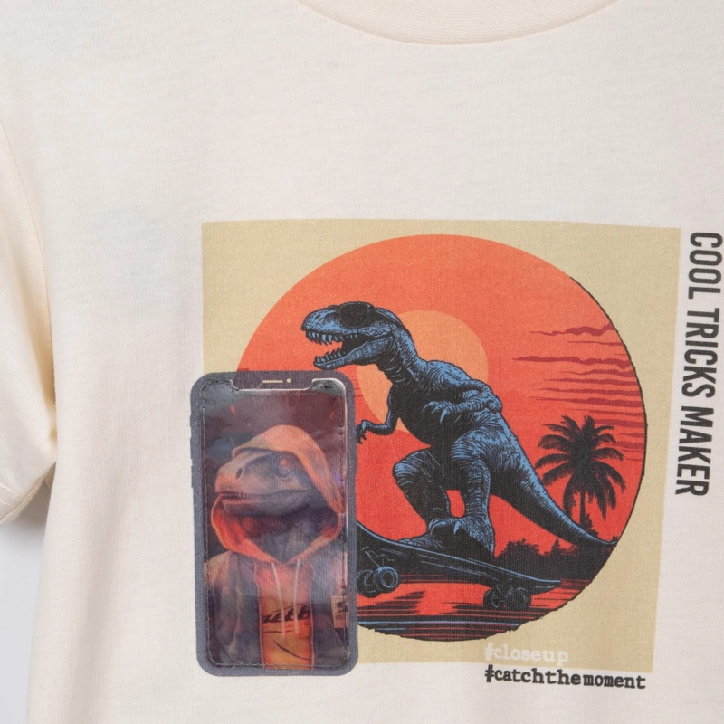 POLERA NIÑO MANGA CORTA ESTAMPADO DINO SKATE BEIGE PILLIN - 3