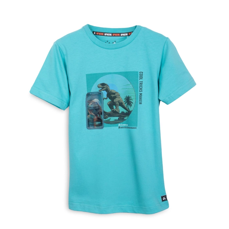 POLERA NIÑO MANGA CORTA ESTAMPADO DINO SKATE TURQUESA PILLIN - 1