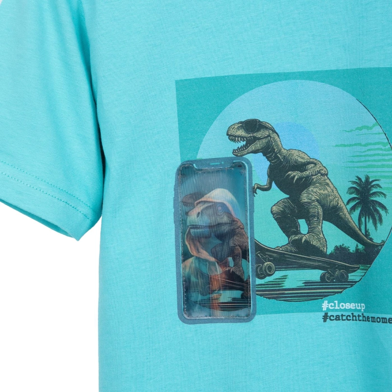 POLERA NIÑO MANGA CORTA ESTAMPADO DINO SKATE TURQUESA PILLIN - 3