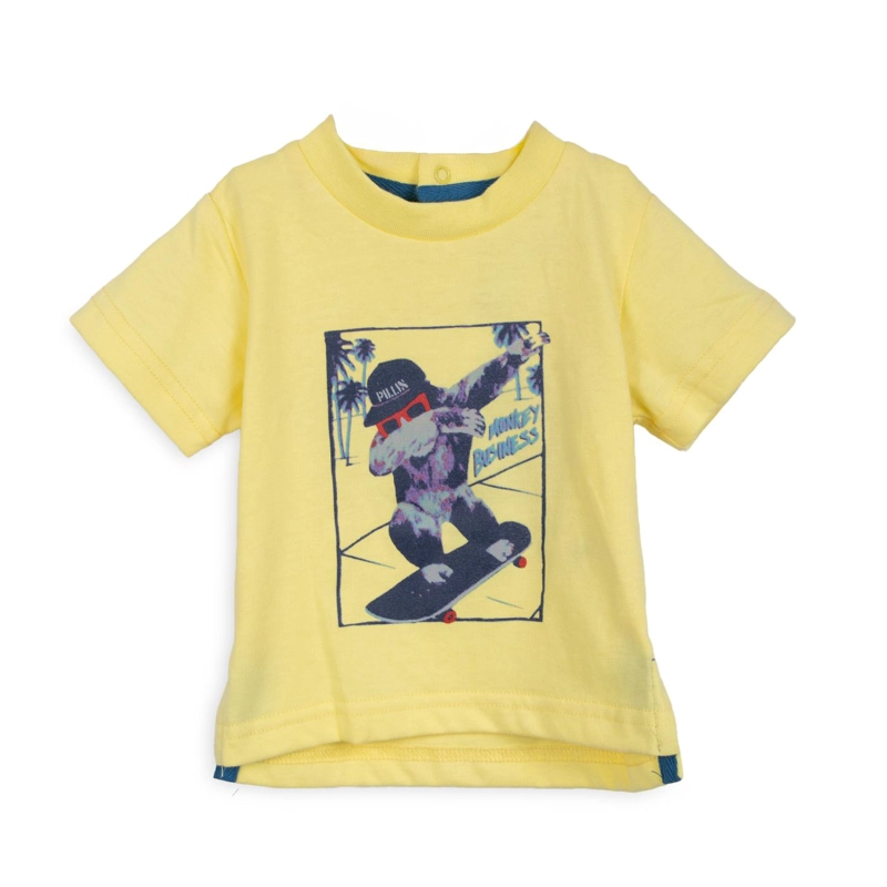 POLERA BEBE NIÑO MANGA CORTA ESTAMPADO MONO SKATER AMARILLO PILLIN - 1