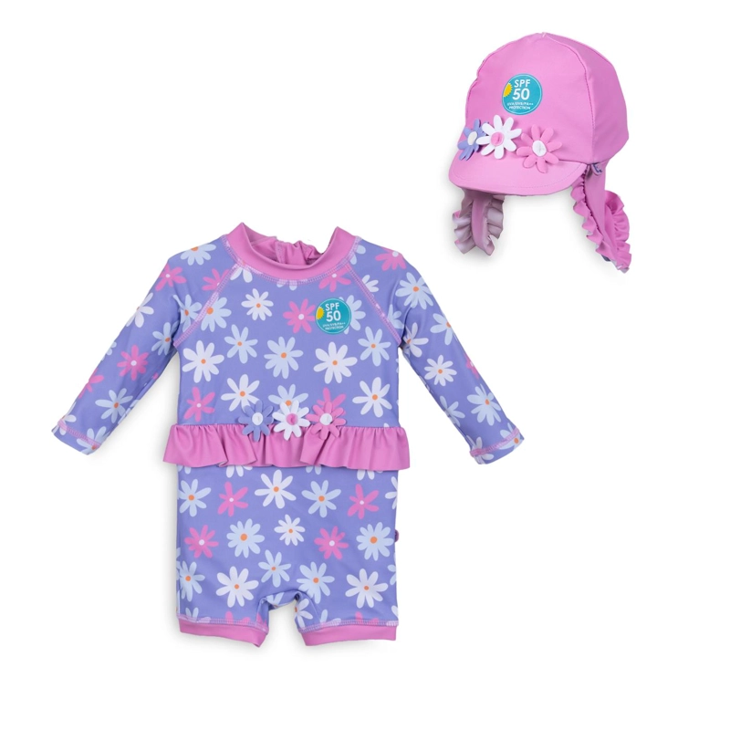 SET TRAJE DE BAÑO Y GORRO BEBE NIÑA PROTECCION UV LAVANDA PILLIN - 1