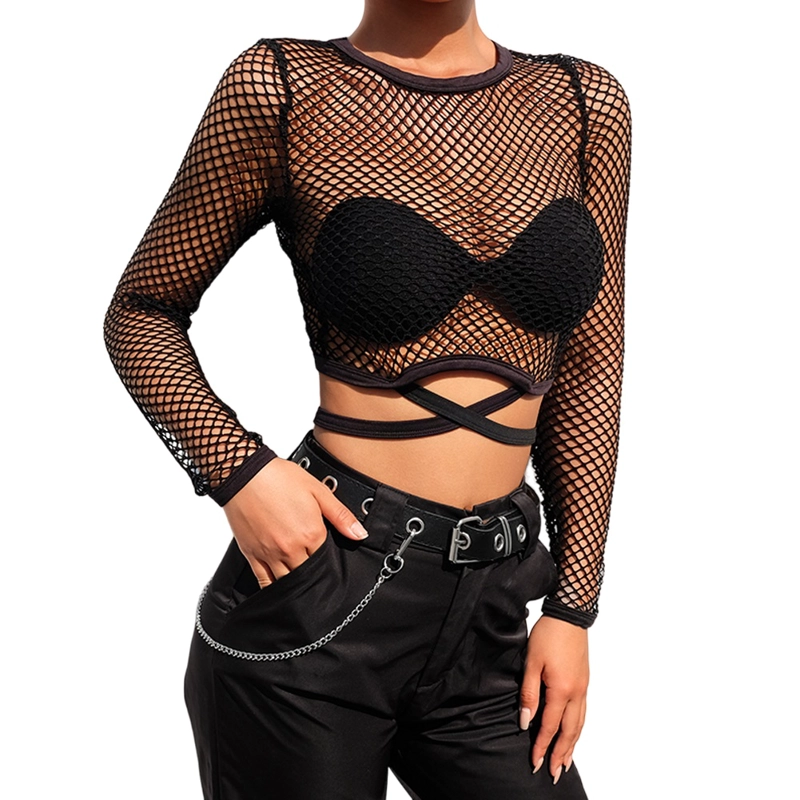 POLERA DE MALLA CON MANGA LARGA Y AGARRARE - CROP TOP PARA MUJER - 1
