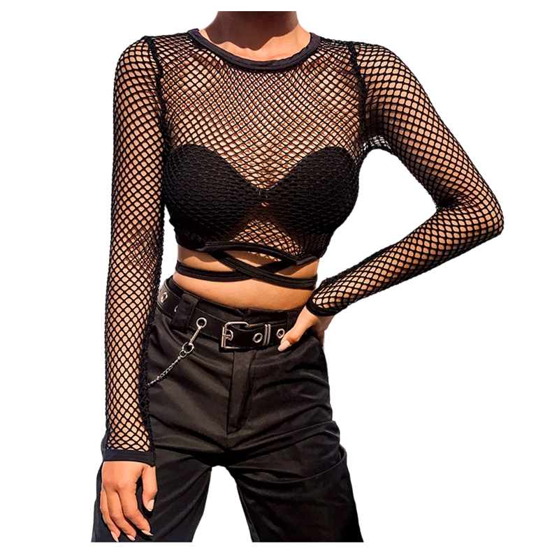 POLERA DE MALLA CON MANGA LARGA Y AGARRARE - CROP TOP PARA MUJER - 4
