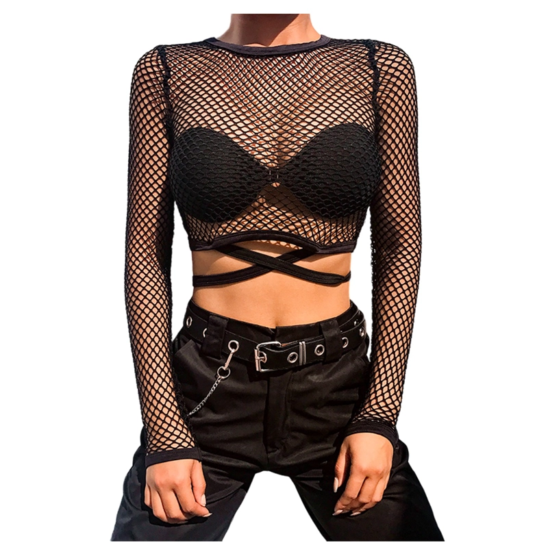 POLERA DE MALLA CON MANGA LARGA Y AGARRARE - CROP TOP PARA MUJER - 5