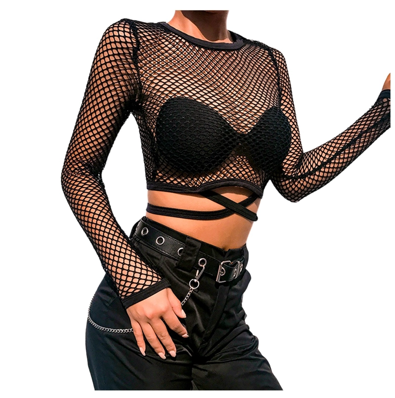 POLERA DE MALLA CON MANGA LARGA Y AGARRARE - CROP TOP PARA MUJER - 6