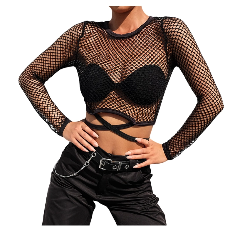 POLERA DE MALLA CON MANGA LARGA Y AGARRARE - CROP TOP PARA MUJER - 7