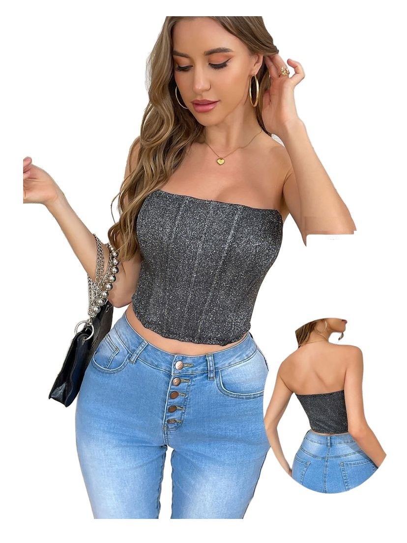 CROP TOP - PETO ESTILO CORSET ELASTICADO CON BRILLOS PARA MUJER - 2