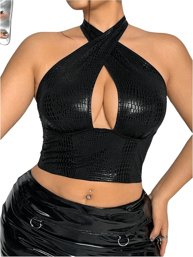 CROP TOP CORTO EFECTO ECO CUERO DE CUELLO HALTER PARA MUJER - 1