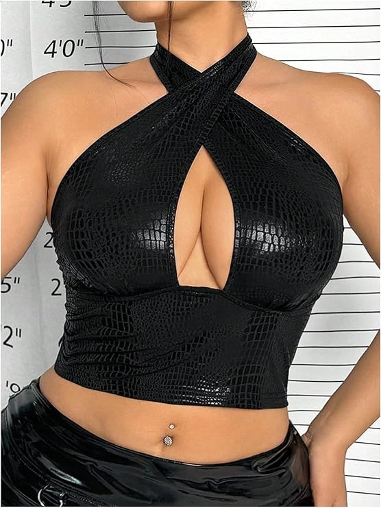 CROP TOP CORTO EFECTO ECO CUERO DE CUELLO HALTER PARA MUJER - 4