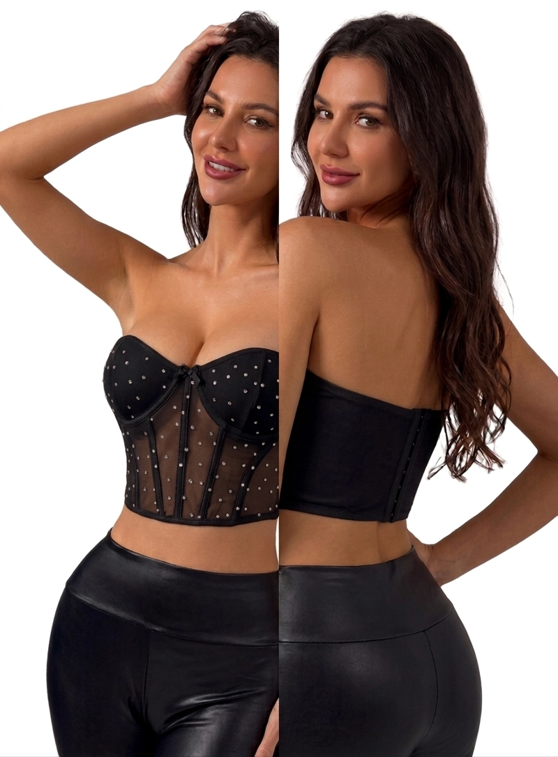 CROP TOP CORTO DE STRAPLESS PARA MUJER CON BRILLO Y BROCHES - 3