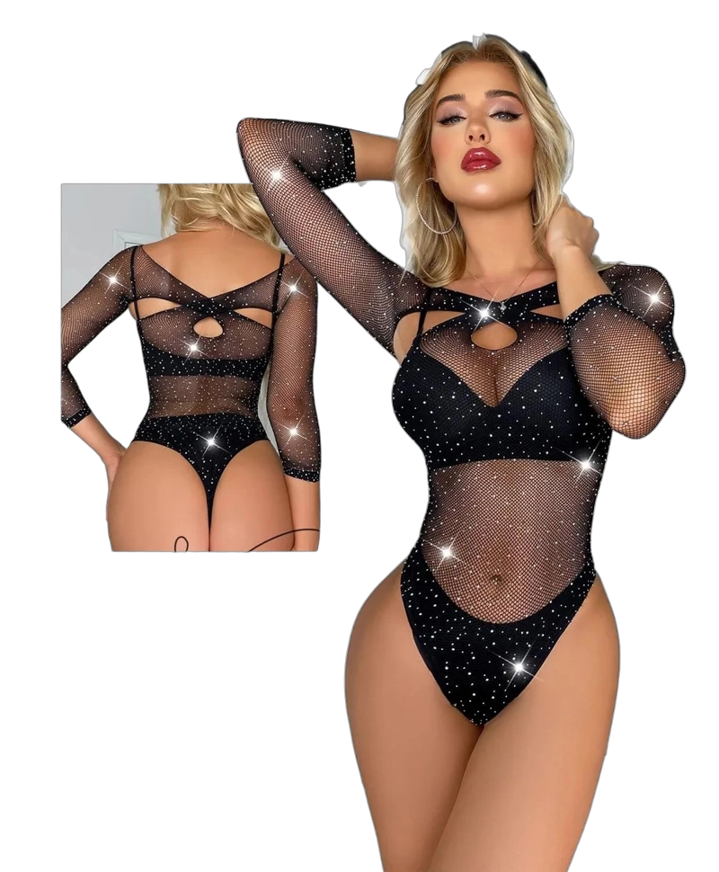 LENCERIA EROTICA PARA MUJER - BODY TIPO MALLA CON BRILLOS Y MANGAS LARGAS - 4